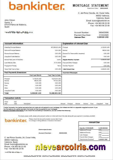 Spain Bankinter bank mortgage statement